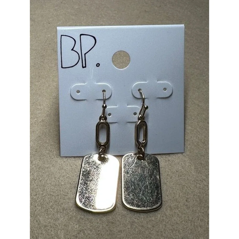 BP. Gold Tone Dog Tag Pendant Dangle Earrings Oval Link Chain NWT New Boho Gift